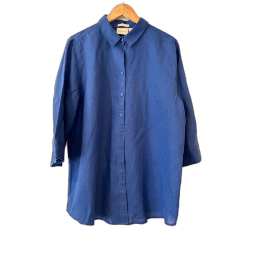 Chico's Blue 100% Linen No-Iron Button Front Shirt 3/4 Sleeves Size 3 / XL